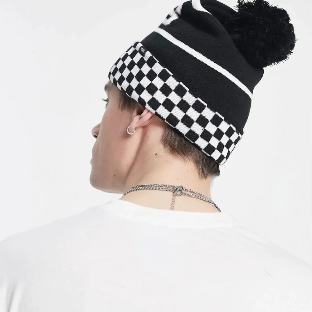 Vans WM Spirit Pom Black Checker Beanie Skateboarding Hat Women Men VN0A5LG3BLK